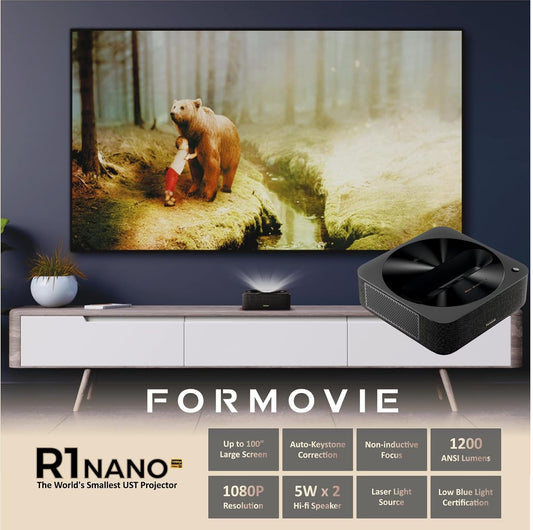 Formovie R1 NANO UST Laser Portable Projector — Full HD ALPD | with 1200 ANSI Lumens, Keystone Correction, WiFi, Bluetooth and Crisp Audio