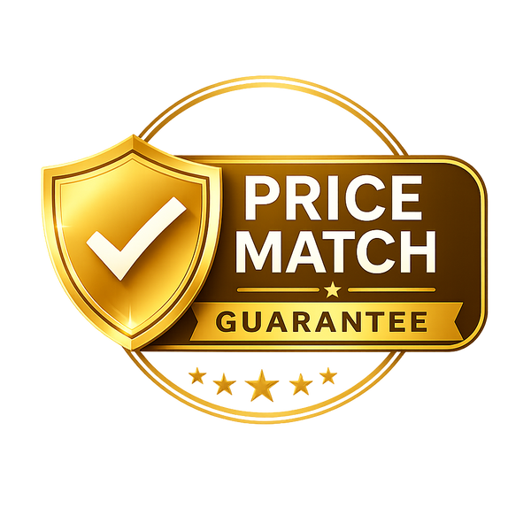A gold and brown 'Price Match Guarantee' badge with a shield icon containing a white checkmark, five stars, and white text on a white background.