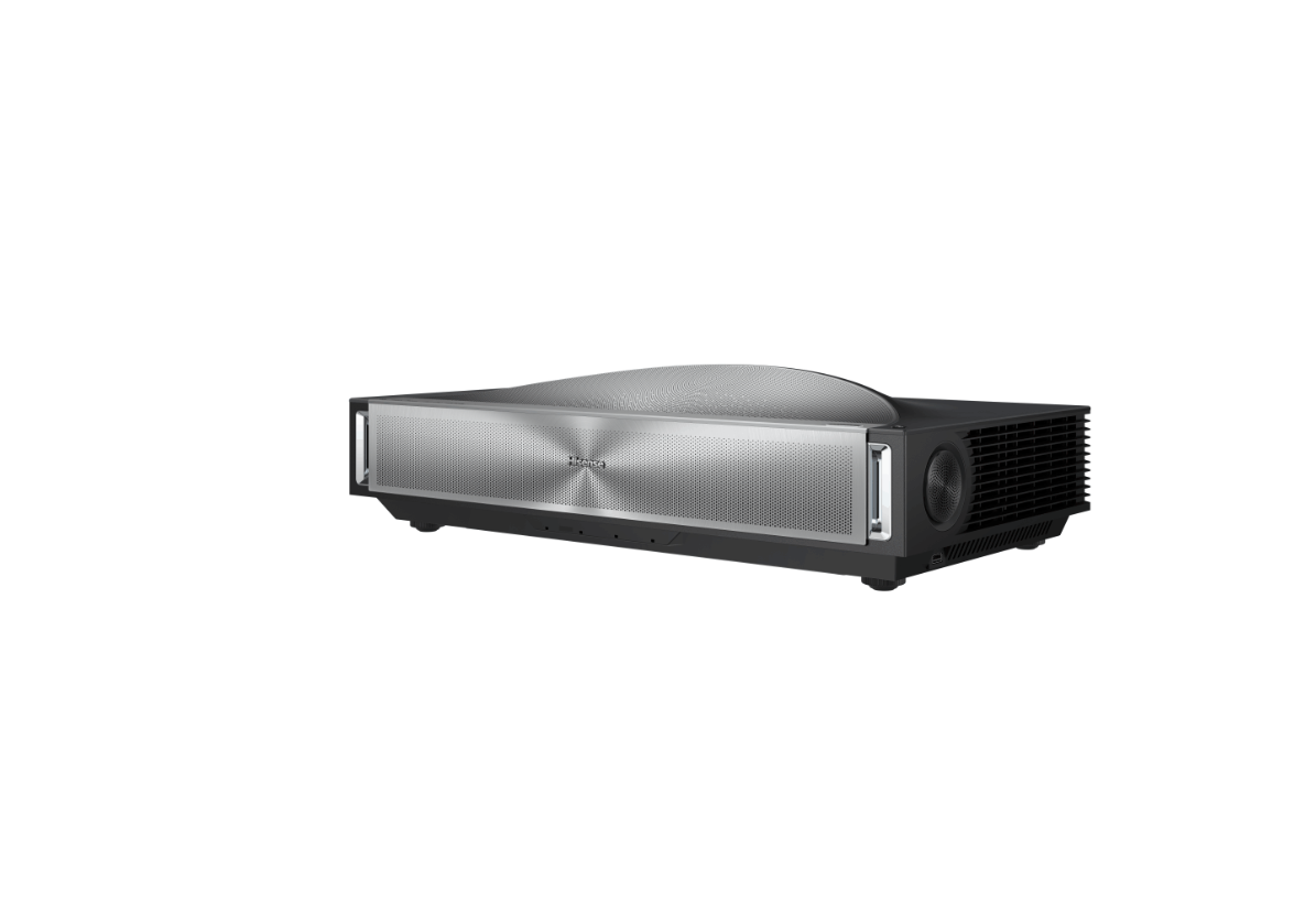 A sleek Epson projector with a brushed silver dome-shaped top and black body, shown from a three-quarters angle on a solid white background.